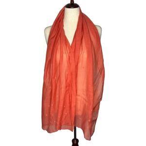 Neeru Kumar PAVO SF Silk Cotton Scarf Coral Orange 23x70 Embroidered Sheer Wrap